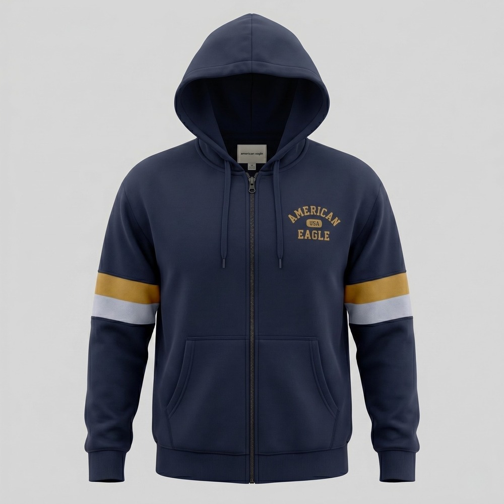 American Eagle Mens‎ Medium Navy Blue Zip Hoodie USA Graphic Colorblock Stripe